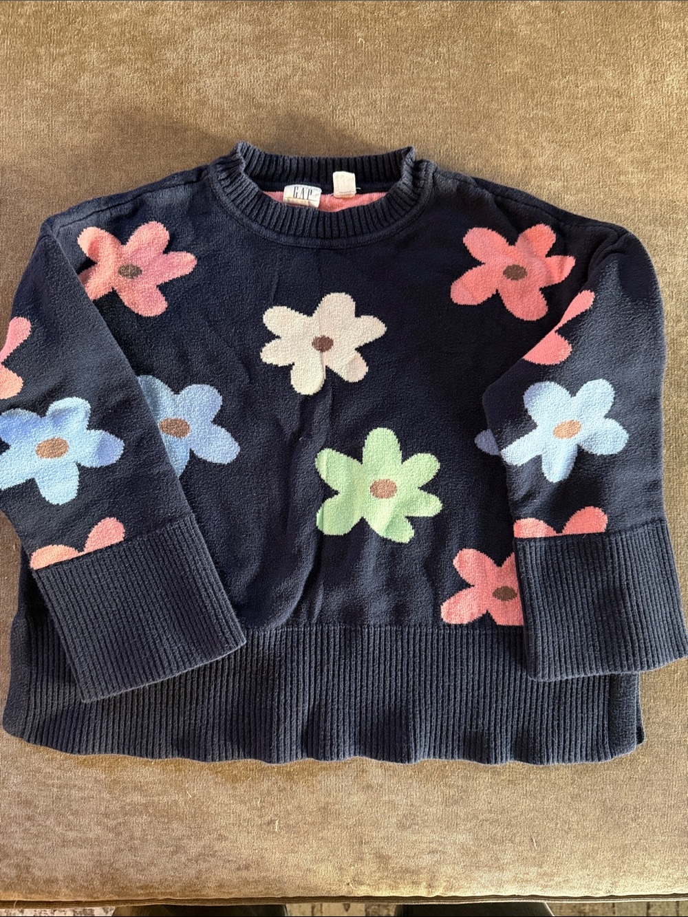 GAP Navy Crewneck Sweater with Pink, Light Blue, White & Green Floral Motif